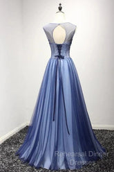 A Line Sheer Neck Rhinestones Long Tulle Semi Formal Prom Dress Floor Length Beautiful
